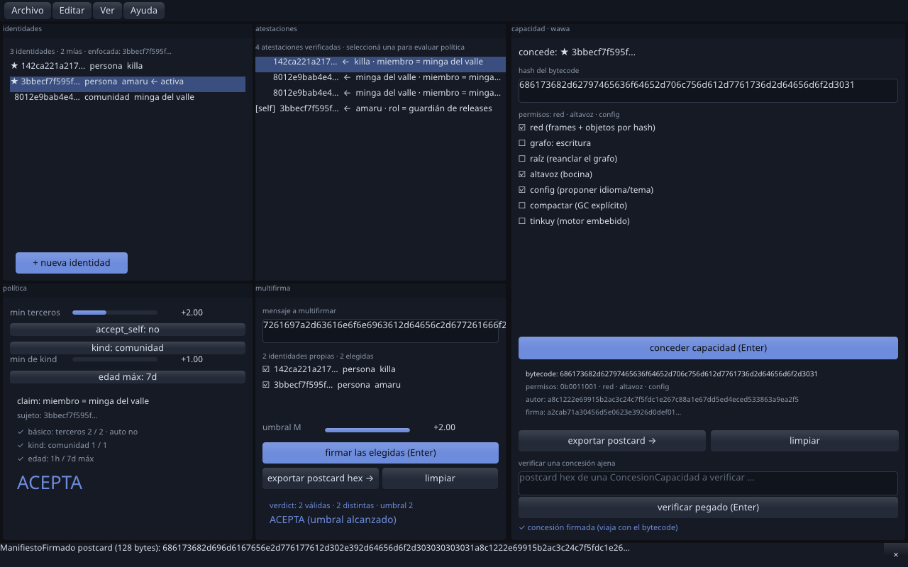 agora-app: seven tiles over the same TrustGraph — identities with real Ed25519 keys, signed and verified attestations, a 2-of-2 multisig and wawa's control-plane envelopes