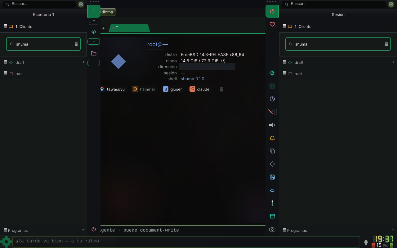 El escritorio de tawasuyu sobre FreeBSD 14.3, en una máquina que no compiló nada: lo dice su propia terminal, adentro del cuadro.